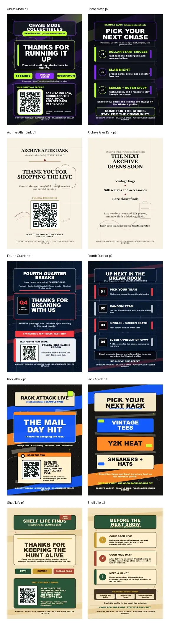 Contact sheet of custom package insert proof examples for different seller styles