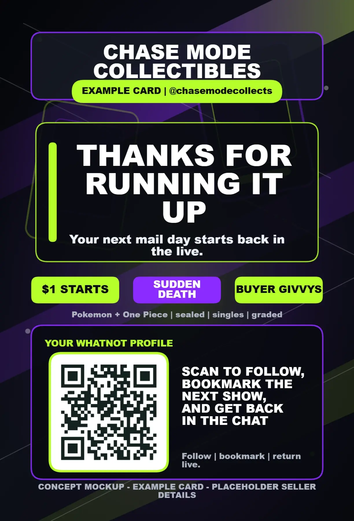 Front side of the Chase Mode Collects Stream Mail package insert with a scan prompt and chase schedule