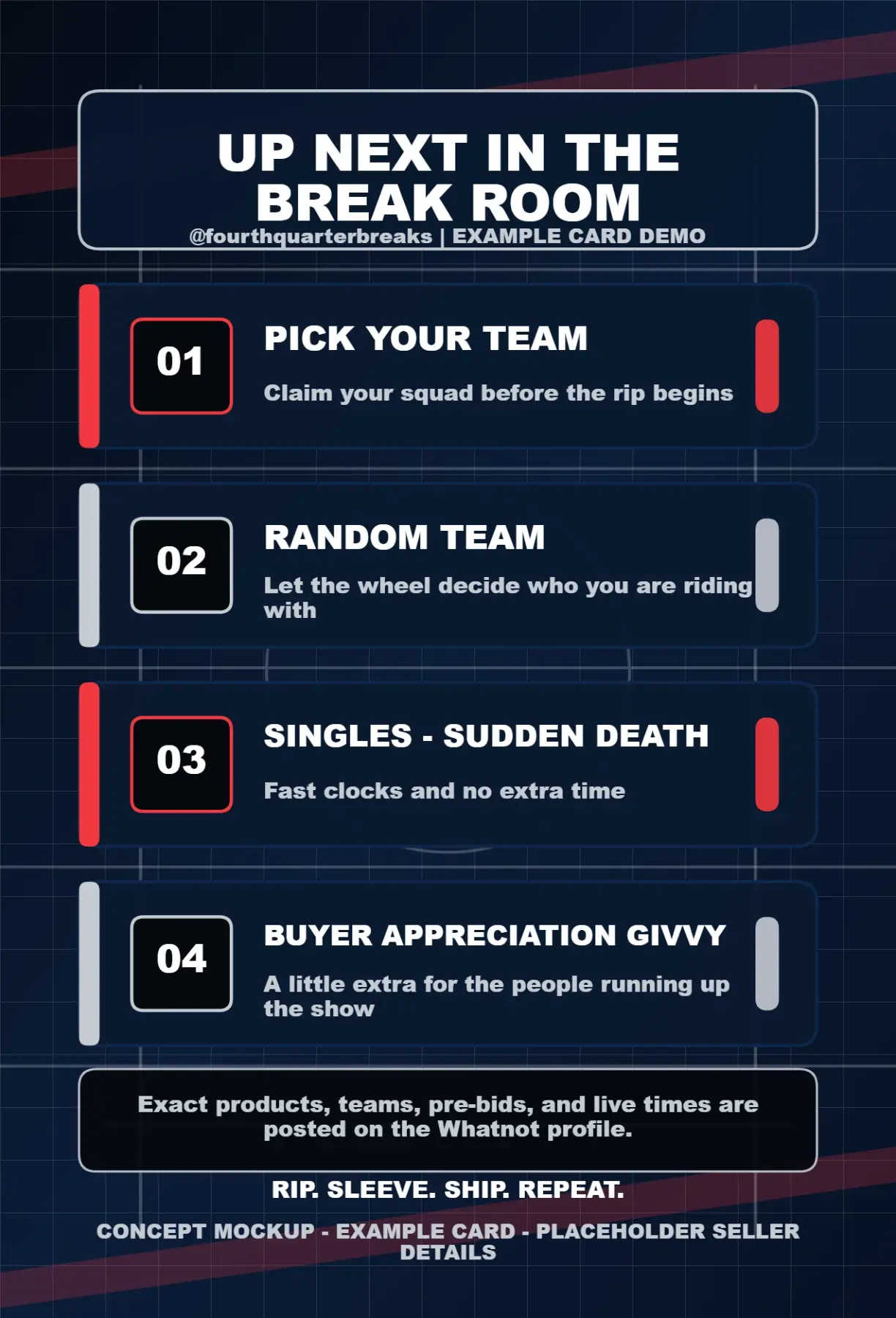 Back side of the Fourth Quarter Breaks Stream Mail package insert with upcoming break formats
