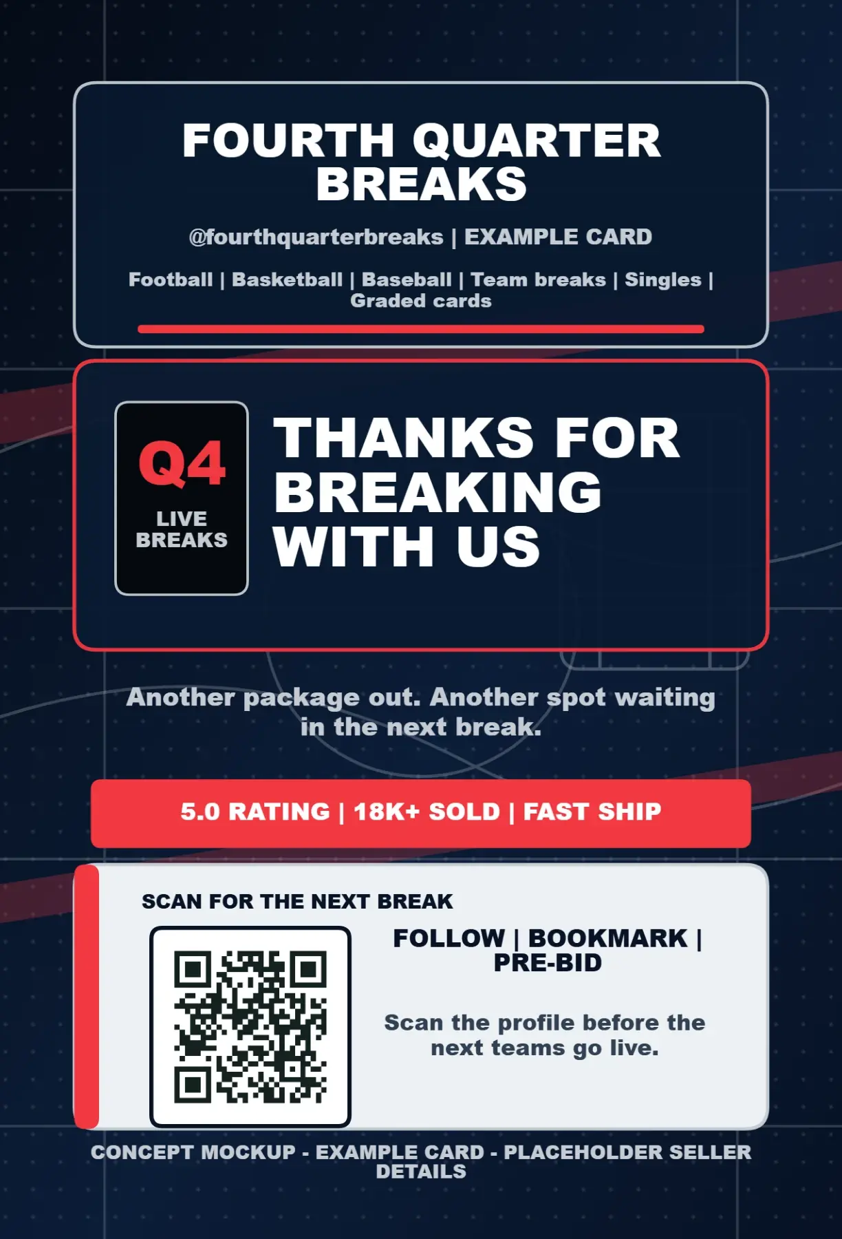 Front side of the Fourth Quarter Breaks Stream Mail package insert with a QR code and break reminder
