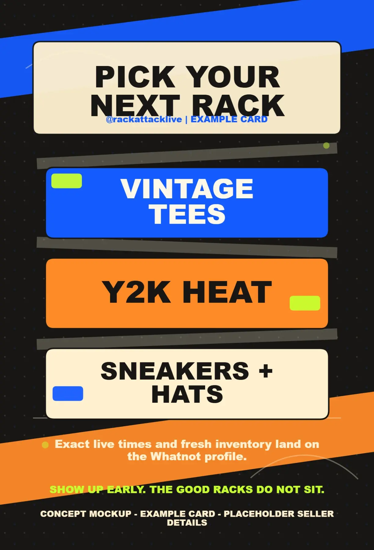 Back side of the Rack Attack Live Stream Mail package insert with next rack product categories