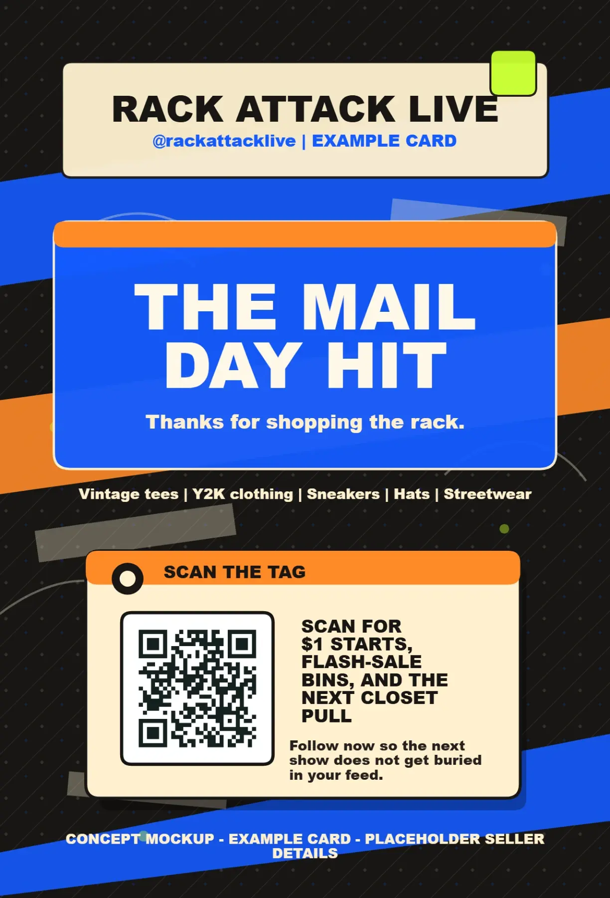 Front side of the Rack Attack Live Stream Mail package insert with a QR code and mail day message
