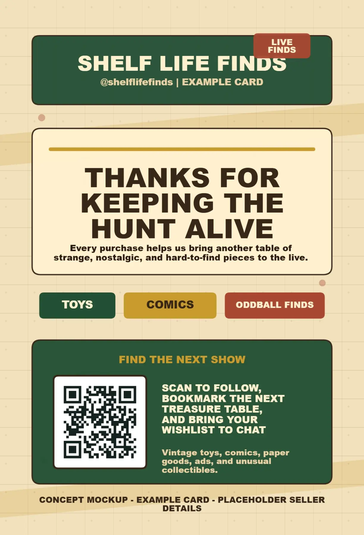 Front side of the Shelf Life Finds Stream Mail package insert with a QR code and hunt reminder