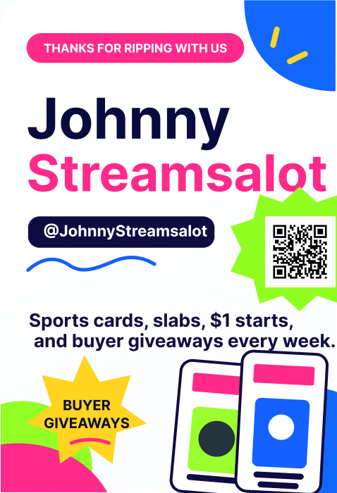 Example Auction Compass Stream Mail insert card for Johnny Streamsalot with seller handle and QR code