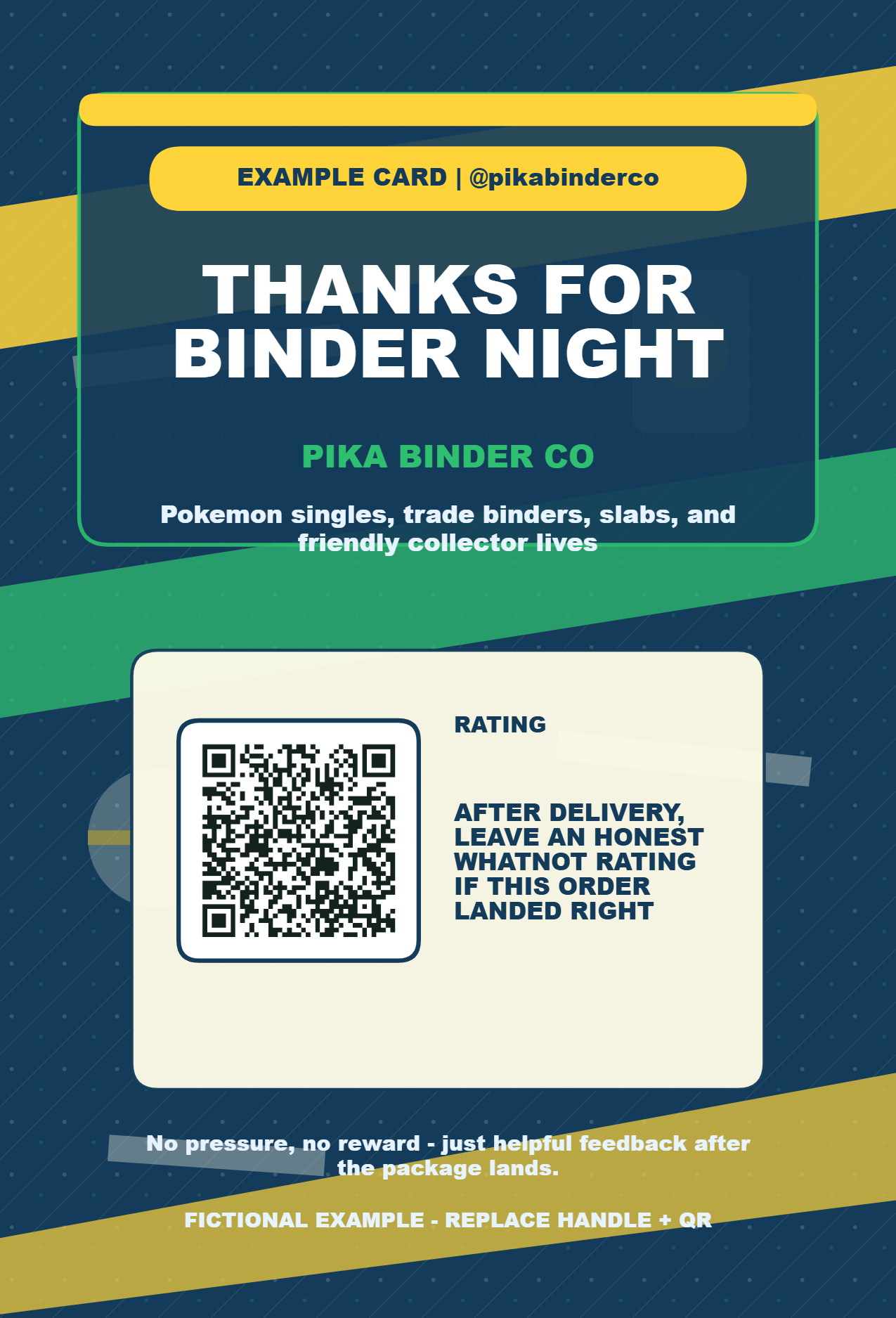 Front of a Pokemon Whatnot thank-you card with optional rating reminder