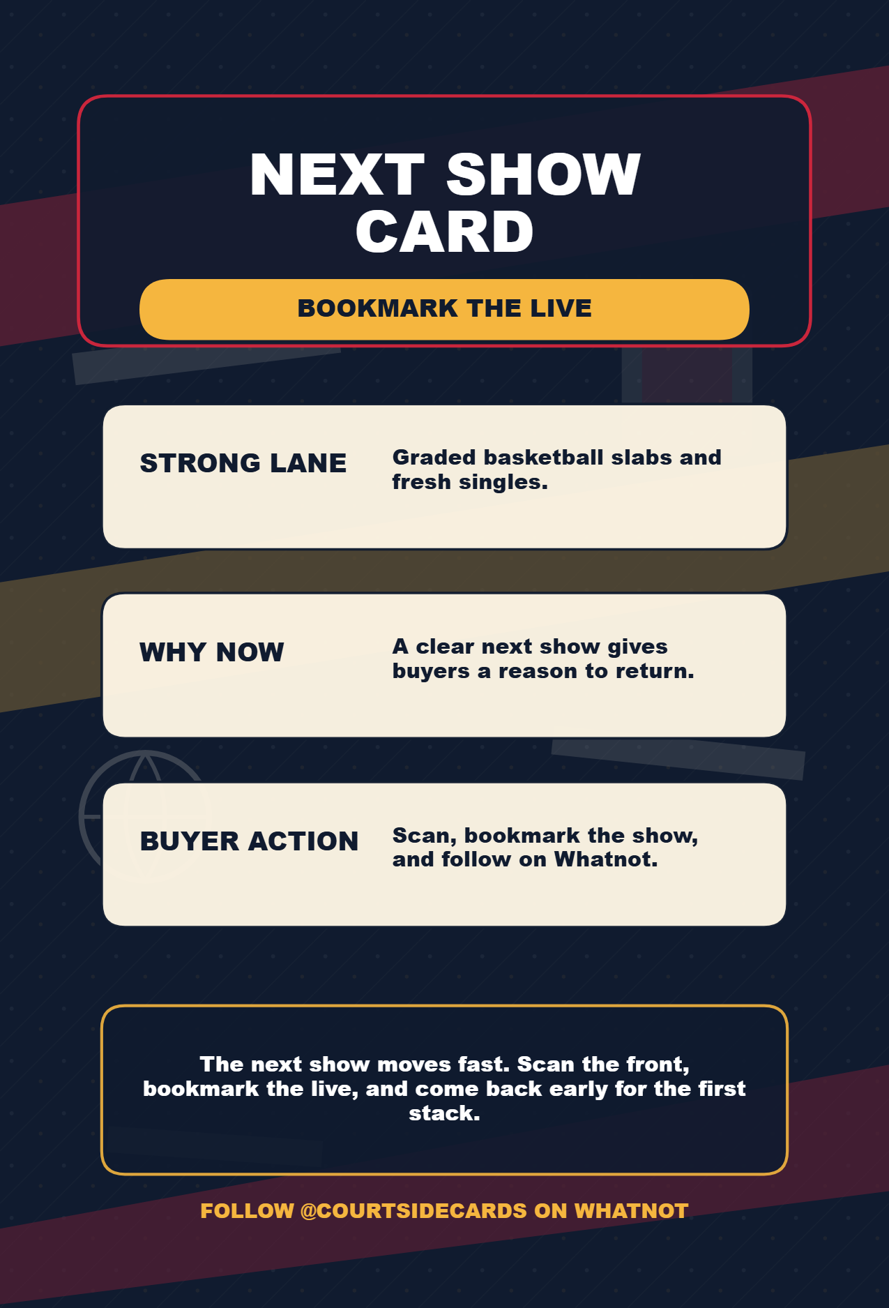 Back of a sports cards Whatnot thank-you card with bookmark language