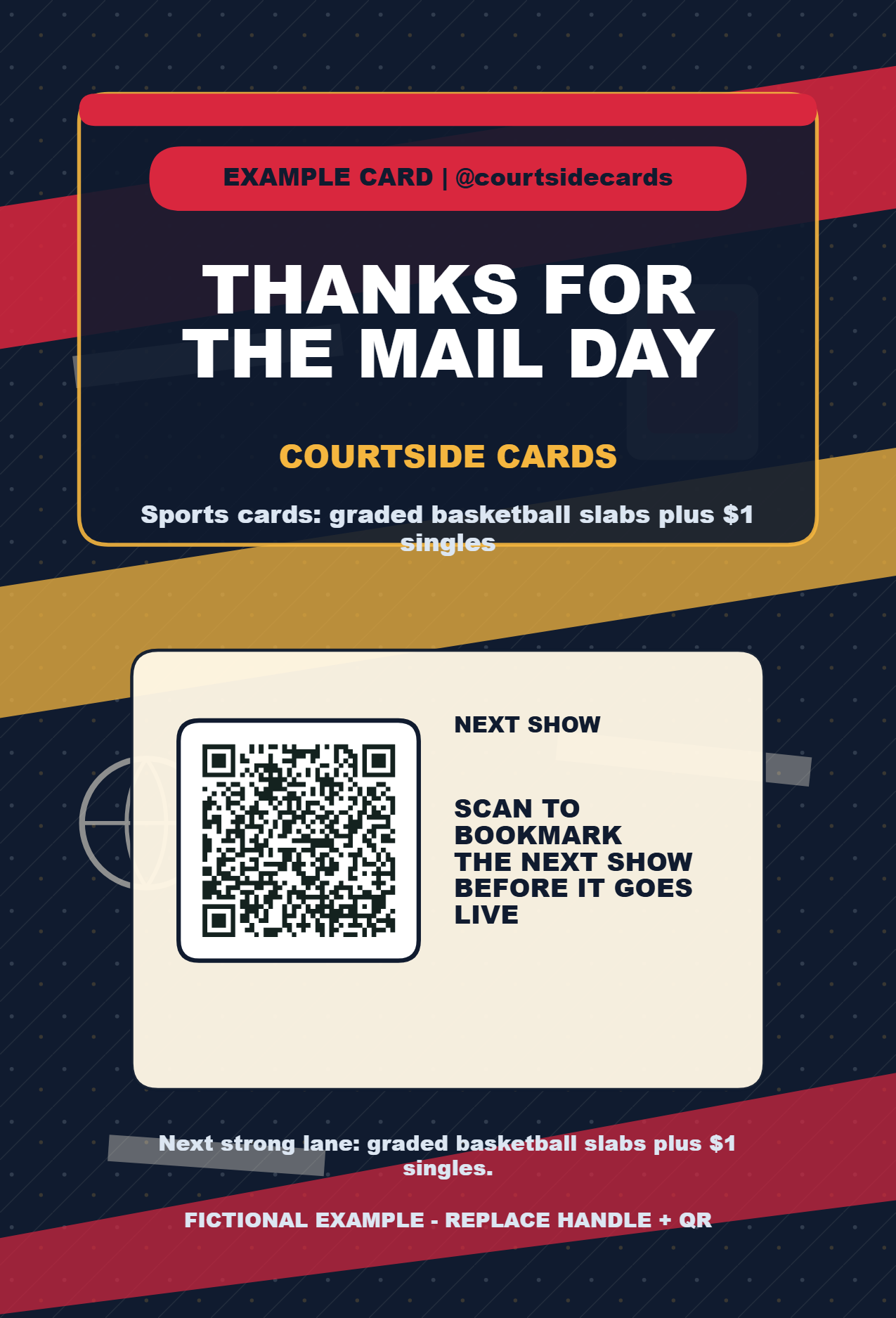 Front of a sports cards Whatnot thank-you card with next show reminder