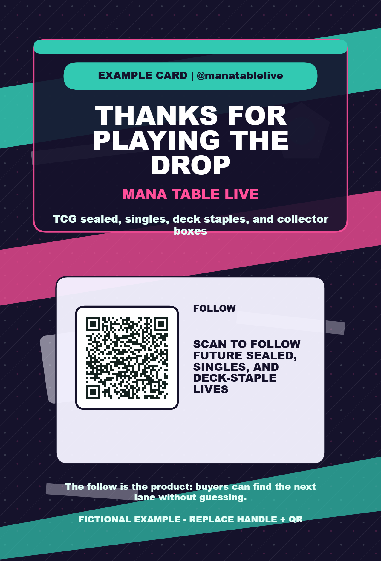 Front of a TCG Whatnot thank-you card asking buyers to follow the seller profile
