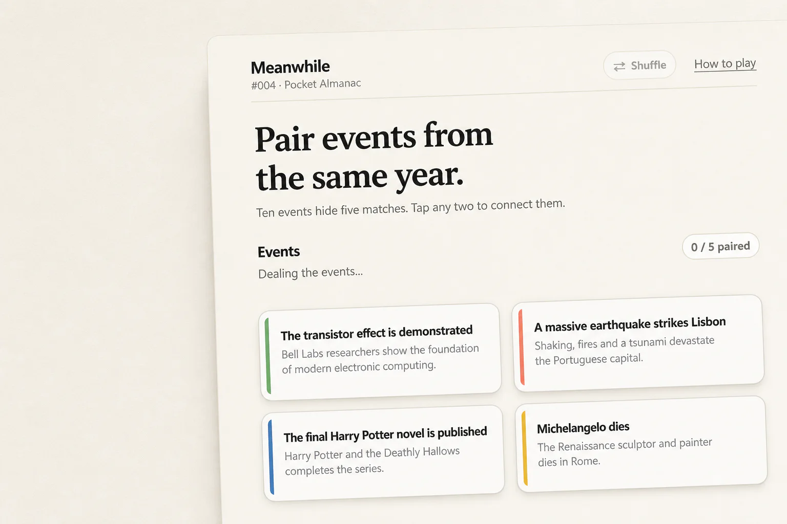 Meanwhile game cards inviting players to pair historical events from the same year